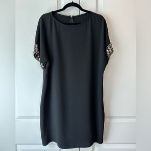 Carmen Marc Valvo Short-Sleeve Beaded Crepe Mini Dress Black (Size 6)